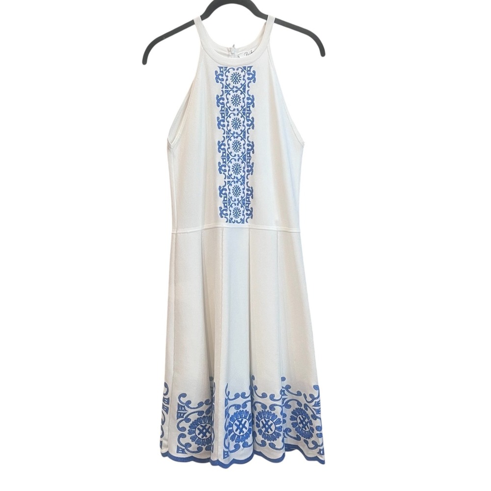 Parker Cheryl White Blue Embroidered‎ HalterNeck Dress Fit And Flare Size Medium